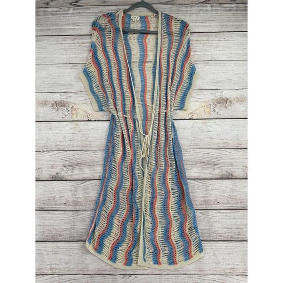POL Open Knit Cover Up Cardigan Sweater Womens Small Cream Blue Pink - Picture 1 of 11